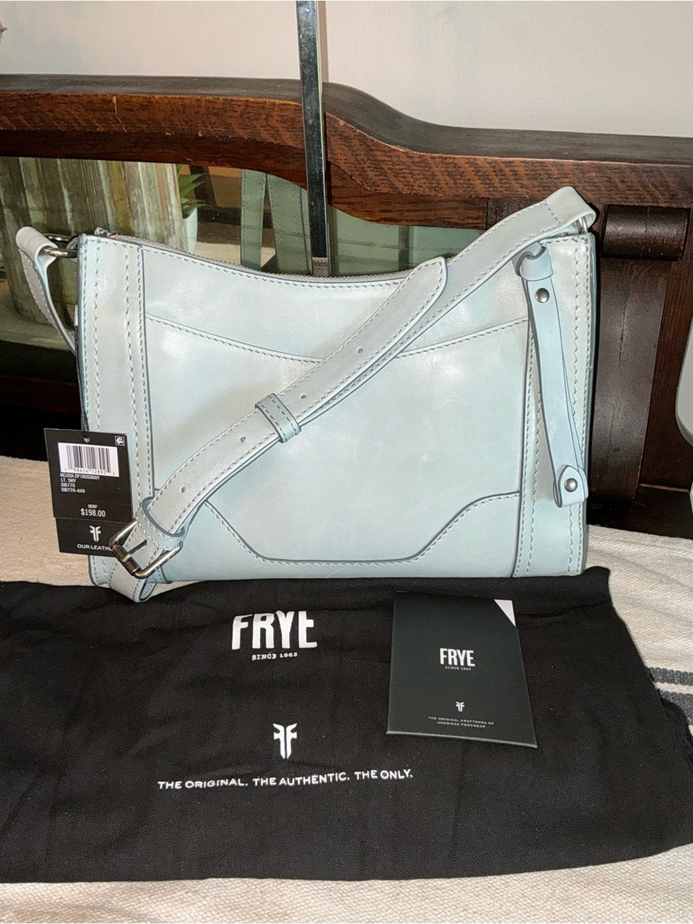 NWT Frye Leather Melissa Zip Top Saddle Crossbody Light Lt Sky Blue MSRP $198
